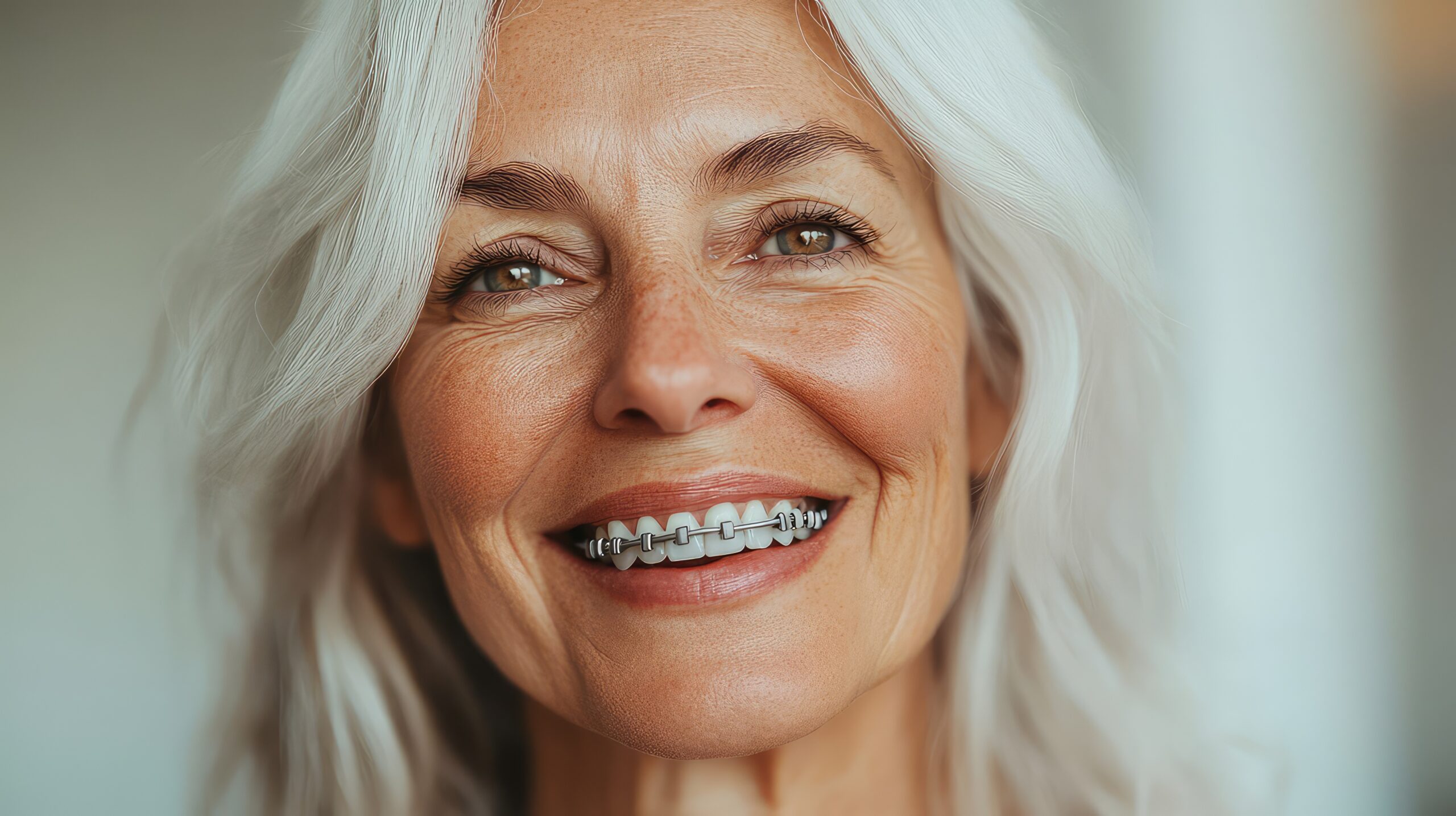 High-resolution close-up portrait of an elderly woman smiling, showcasing orthodontic gray metal braces on her teeth with beautiful white hair and clean background