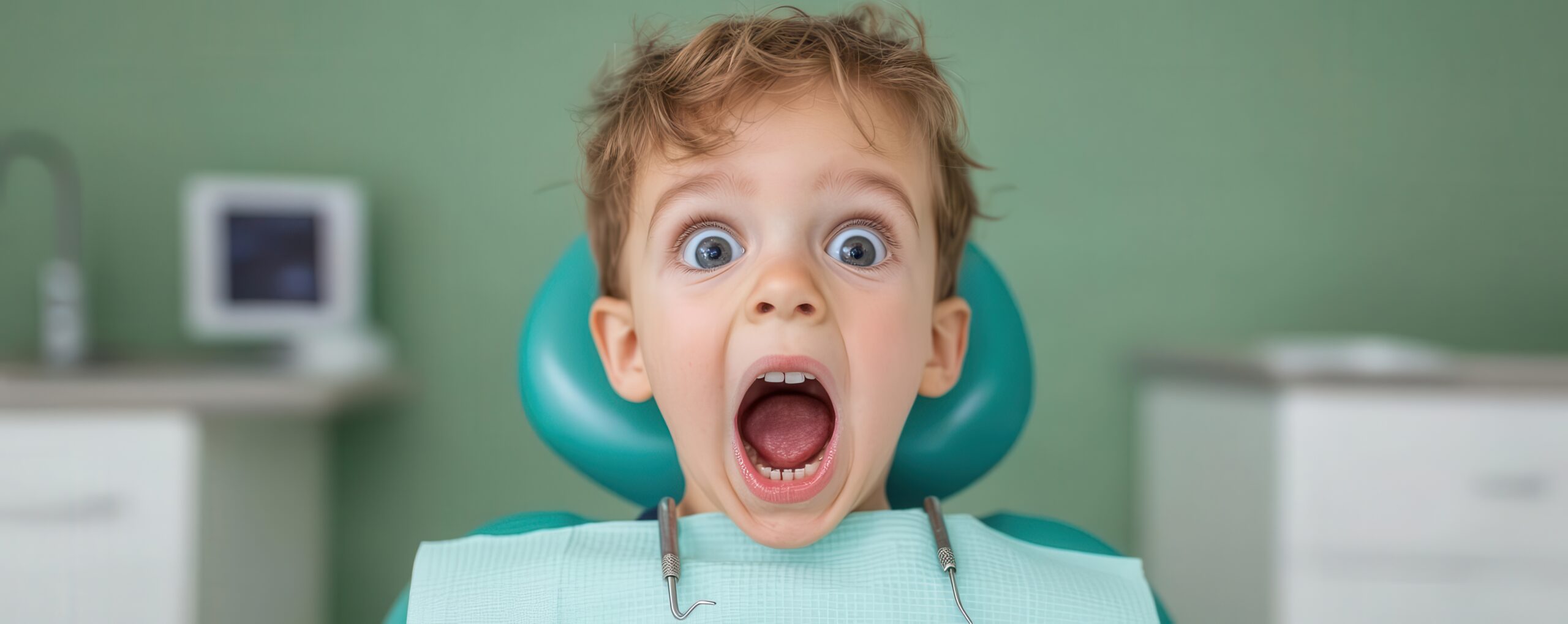 Anxious child at dental office, dentist showing tools to alleviate fear, gentle setting, child fear dentist